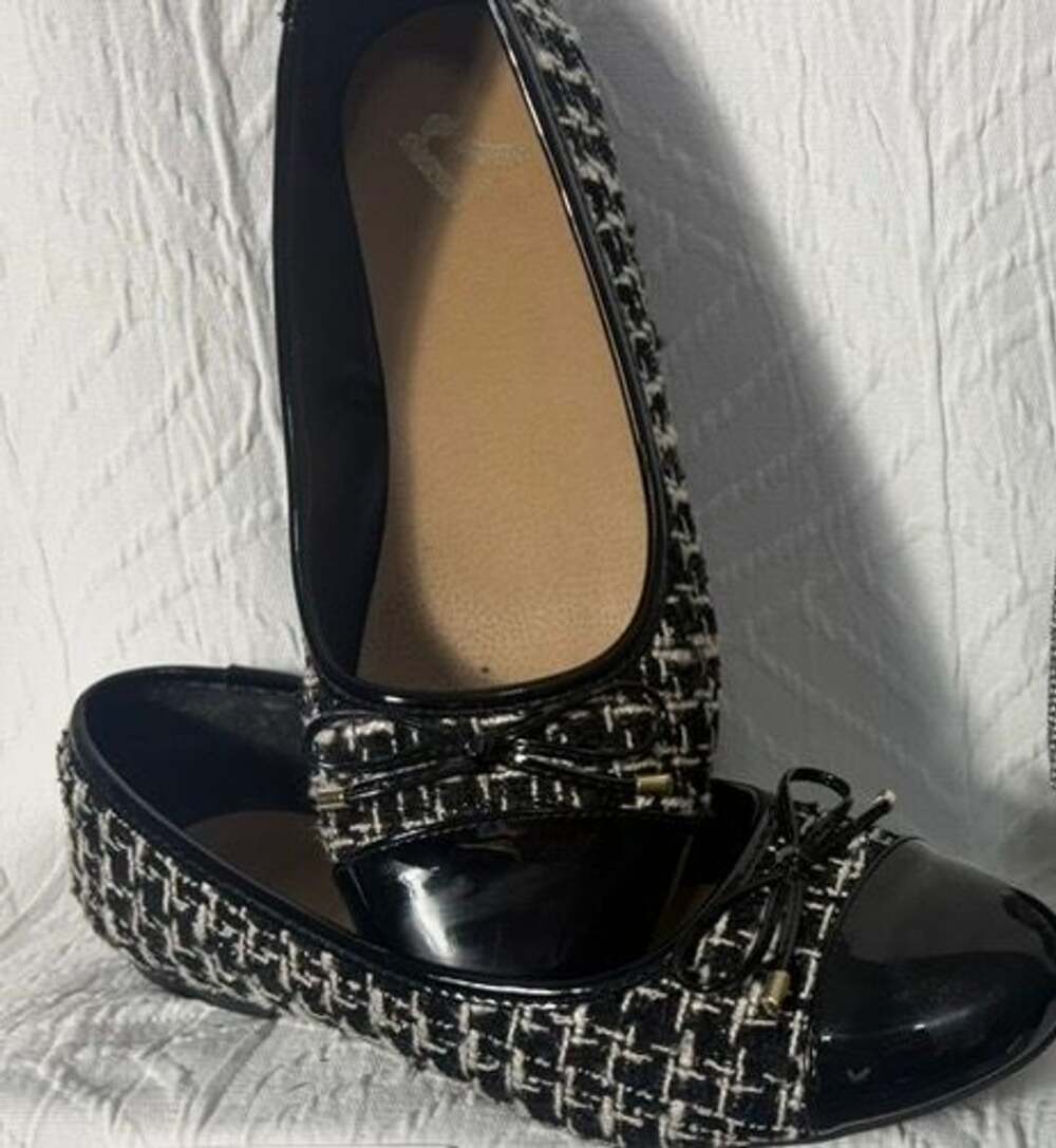 Report Black and White Tweed Patent Cap Toe Bow Ballet Flats
